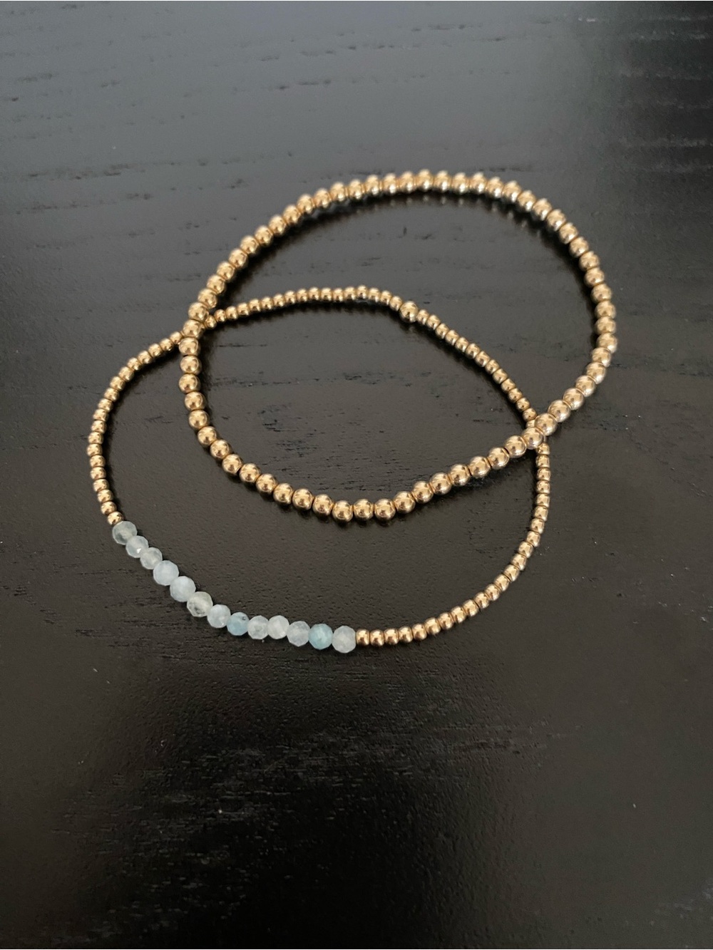 Gold Beaded Stretch Bracelet Set with Pale Blue Gem Accents